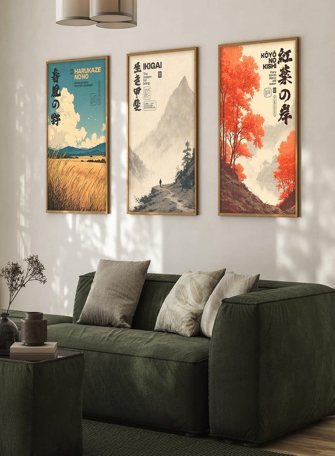 ARTELLY Japanese Wall Art Paintings Set, Big Size Premium Framed Poster Set of 3, Multicolor Paper Prints with Synthetic Wood Frame, 13x19 Inches Each, Indoor Wall Decor for Living Room (Japanese 2) - Image 1
