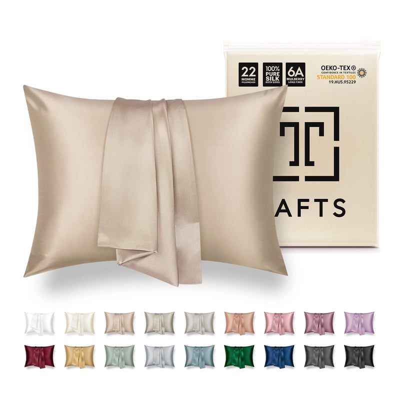 TAFTS 22mm 100% Pure Mulberry 6A Silk Pillowcase for Hair & Skin with Zipper closure  cooling  Natural  Organic  Double Sided Silk Pillow case (Nude  King 20x36  22 Momme 1pc)