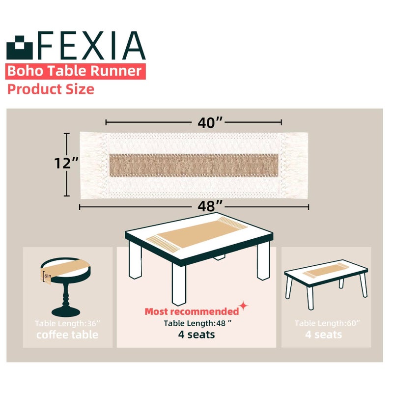 FEXIA Boho Table Runner 48 Inches Long with Tassels Christmas Thanksgiving Farmhouse Home Decor Rustic Cream & Brown Macrame Table Runner for Dining Bedroom Baby Bridal Shower Decor(12x48 Inches) - Image 2