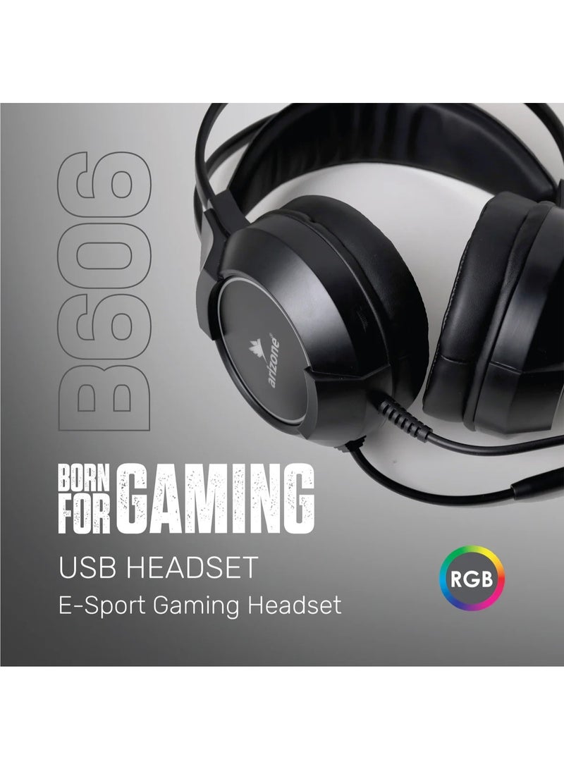 Arizone B606 E-Sport Gaming USB Headset is designed to deliver an immersive and powerful audio experience for gamers, streamers, and multimedia users. Built with precision and comfort in mind, this headset combines high-quality sound performance with a sleek, modern design featuring stylish RGB backlighting for an enhanced gaming atmosphere. - Image 4