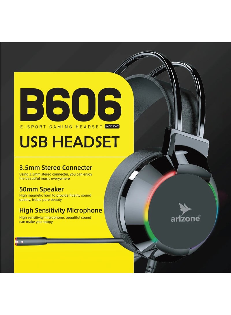 Arizone B606 E-Sport Gaming USB Headset is designed to deliver an immersive and powerful audio experience for gamers, streamers, and multimedia users. Built with precision and comfort in mind, this headset combines high-quality sound performance with a sleek, modern design featuring stylish RGB backlighting for an enhanced gaming atmosphere. - Image 1