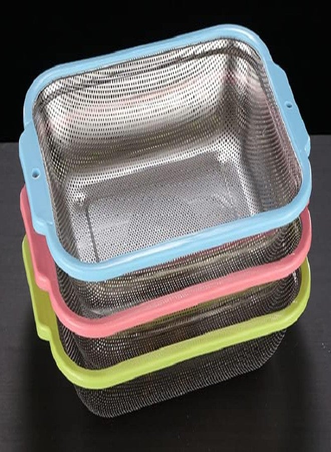 DARKNESS Rectangular Plastic Handle Colander Stainless Steel with Metal Strainer Basket Kitchen Food Drainer for Pasta Spaghetti Wash Rice Drain Veggies Fruits Medium 1pc (Multicolour) - Image 4