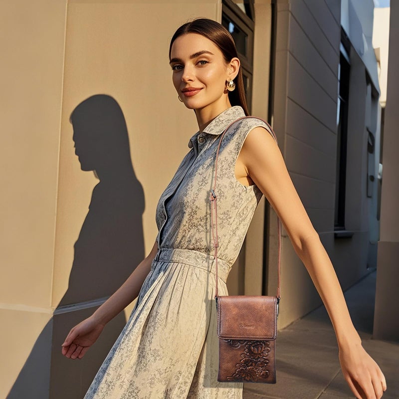 VIMUTI Small Crossbody Bags for Women Trendy Vegan Leather Cell Phone Bag Embossed Flower Design Wallet Purses with Adjustable Strap Brown - Image 3