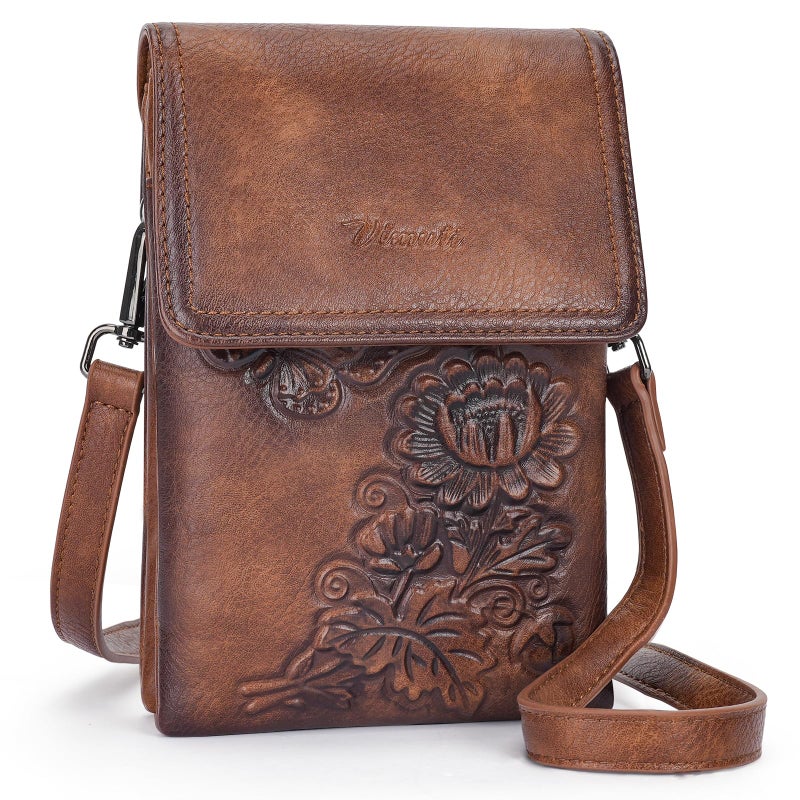 VIMUTI Small Crossbody Bags for Women Trendy Vegan Leather Cell Phone Bag Embossed Flower Design Wallet Purses with Adjustable Strap Brown - Image 1