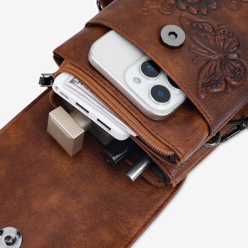 VIMUTI Small Crossbody Bags for Women Trendy Vegan Leather Cell Phone Bag Embossed Flower Design Wallet Purses with Adjustable Strap Brown - Image 4