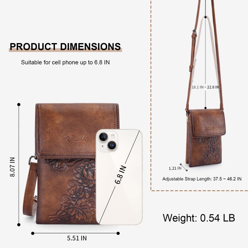 VIMUTI Small Crossbody Bags for Women Trendy Vegan Leather Cell Phone Bag Embossed Flower Design Wallet Purses with Adjustable Strap Brown - Image 5