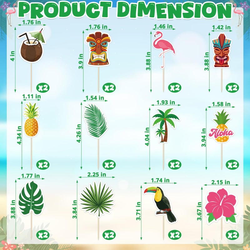 QZYL 24 Pcs Hawaiian Cupcake Toppers  Disposable Pineapple Flower Palm Tree Flamingo Cake Picks  Aloha Cake Decorations for Summer Hawaiian Luau Theme Birthday  Wedding Party Supplies - Image 2