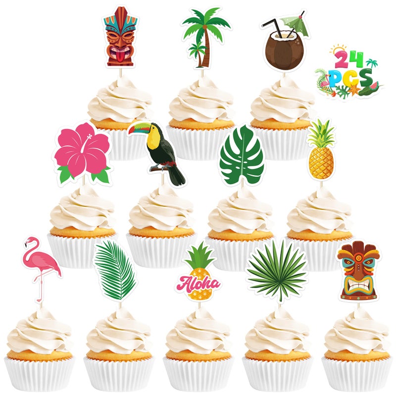 QZYL 24 Pcs Hawaiian Cupcake Toppers  Disposable Pineapple Flower Palm Tree Flamingo Cake Picks  Aloha Cake Decorations for Summer Hawaiian Luau Theme Birthday  Wedding Party Supplies - Image 1