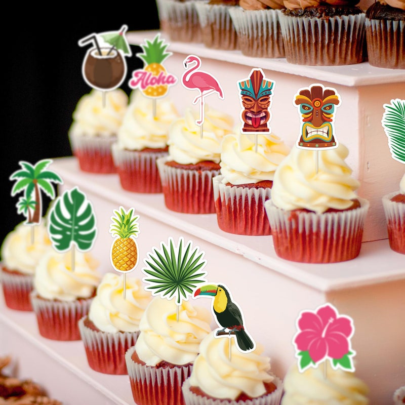 QZYL 24 Pcs Hawaiian Cupcake Toppers  Disposable Pineapple Flower Palm Tree Flamingo Cake Picks  Aloha Cake Decorations for Summer Hawaiian Luau Theme Birthday  Wedding Party Supplies - Image 5