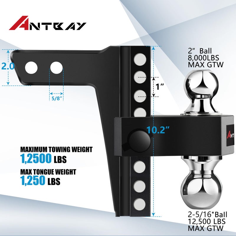 ANTbay Adjustable Trailer Truck Drop Hitch Fits 2 inch Receiver, 8-Inch Drop & Rise Dual Ball Mount (2" X 2-5/16") Heavy Duty Aluminum Towing Hitch for Truck Tow Hitch (12,500 LBS GTW) 2 Locking Hitch Pin - Image 2