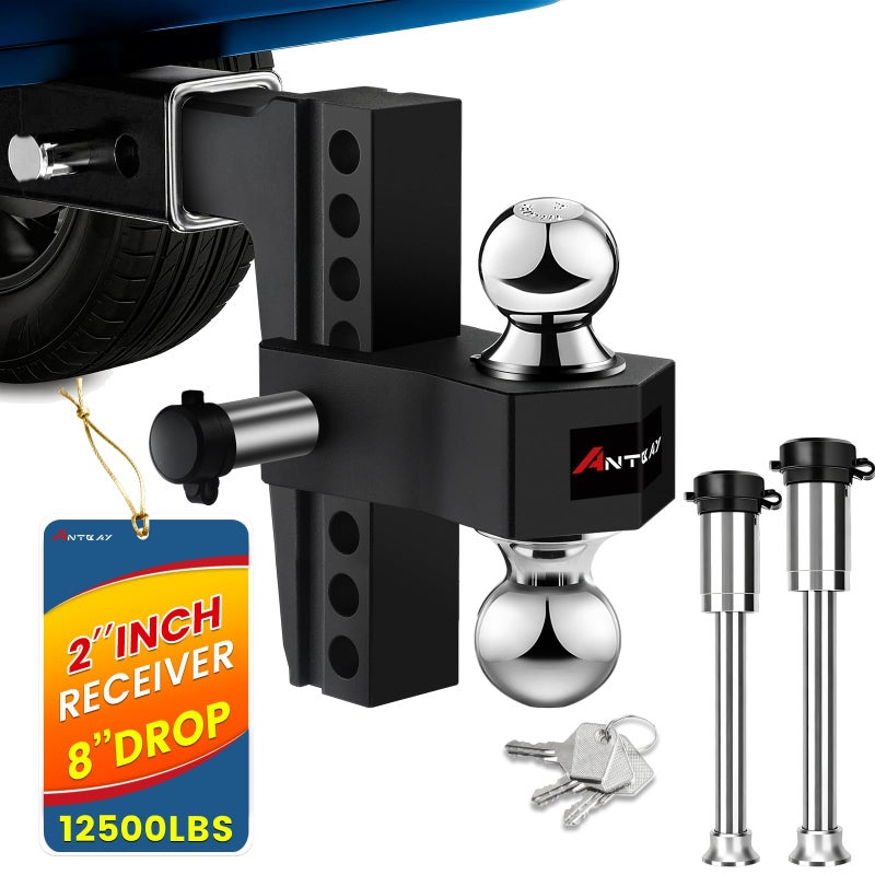 ANTbay Adjustable Trailer Truck Drop Hitch Fits 2 inch Receiver, 8-Inch Drop & Rise Dual Ball Mount (2" X 2-5/16") Heavy Duty Aluminum Towing Hitch for Truck Tow Hitch (12,500 LBS GTW) 2 Locking Hitch Pin - Image 1