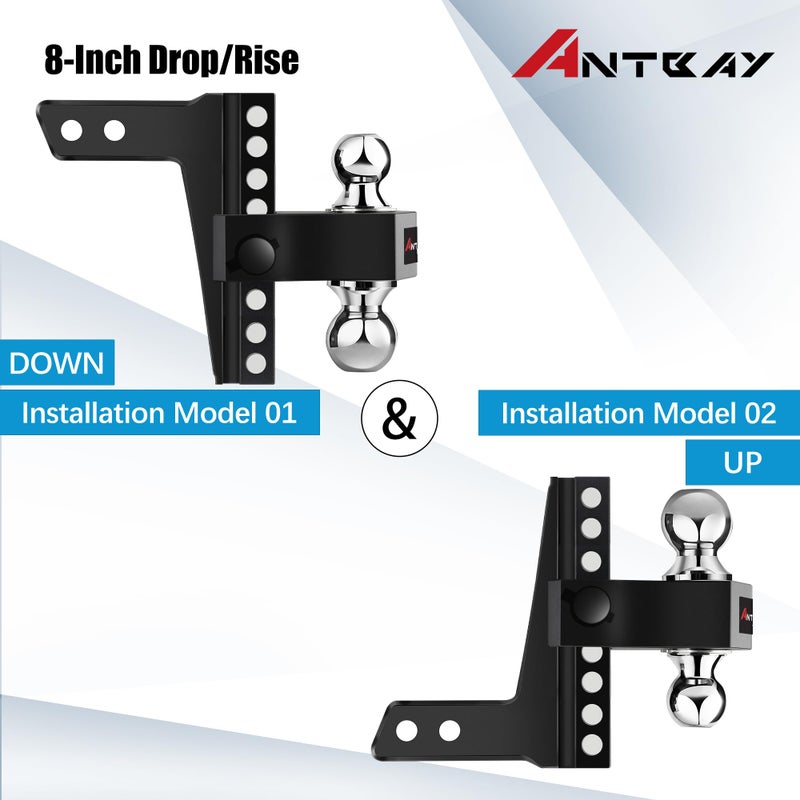 ANTbay Adjustable Trailer Truck Drop Hitch Fits 2 inch Receiver, 8-Inch Drop & Rise Dual Ball Mount (2" X 2-5/16") Heavy Duty Aluminum Towing Hitch for Truck Tow Hitch (12,500 LBS GTW) 2 Locking Hitch Pin - Image 4