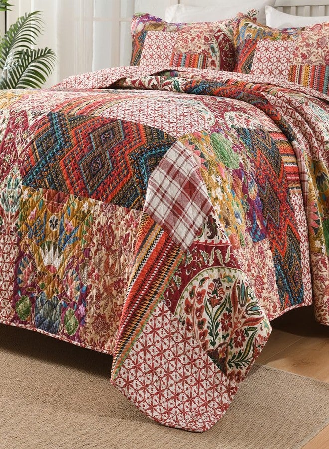 VISIMISI Cotton Bedspread Quilt Sets Reversible Bedding Coverlet Sets 3 Pieces Gorgeous Vintage Damask Red Patchwork Bedspread, Queen Size - Image 3