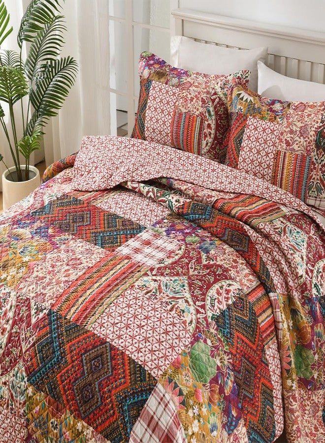 VISIMISI Cotton Bedspread Quilt Sets Reversible Bedding Coverlet Sets 3 Pieces Gorgeous Vintage Damask Red Patchwork Bedspread, Queen Size - Image 4