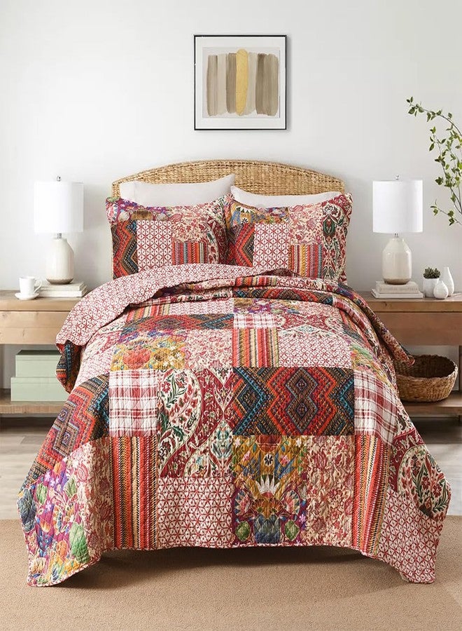 VISIMISI Cotton Bedspread Quilt Sets Reversible Bedding Coverlet Sets 3 Pieces Gorgeous Vintage Damask Red Patchwork Bedspread, Queen Size - Image 2