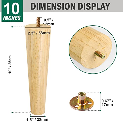 FoDau770 Rubber Wood Furniture Legs 10 Inches, Straight Tapered Wood Feet Mid Century Sofa Legs Set of 4, 5/16" UNC Furniture Feet Replacement Parts for Cabinet Couch Dresser Chair Ottoman Table - Image 3