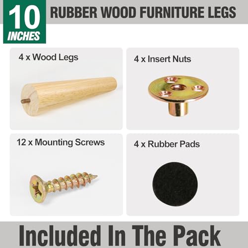 FoDau770 Rubber Wood Furniture Legs 10 Inches, Straight Tapered Wood Feet Mid Century Sofa Legs Set of 4, 5/16" UNC Furniture Feet Replacement Parts for Cabinet Couch Dresser Chair Ottoman Table - Image 2