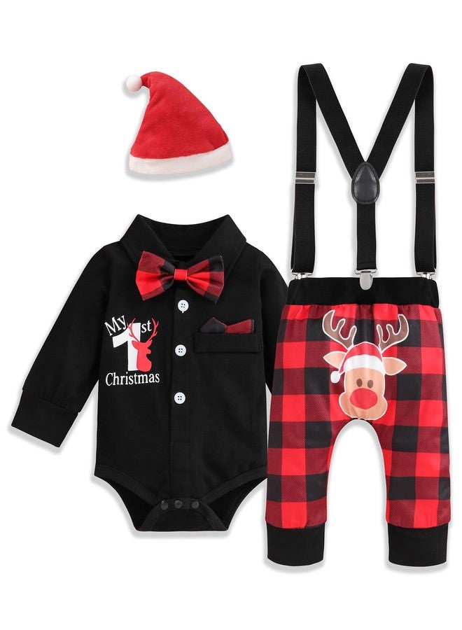 Perdeca My First Christmas Baby Boy Outfit Gentleman Suspenders Romper Santa Print Pants Baby Boy Christmas Outfit and Hat - Image 1