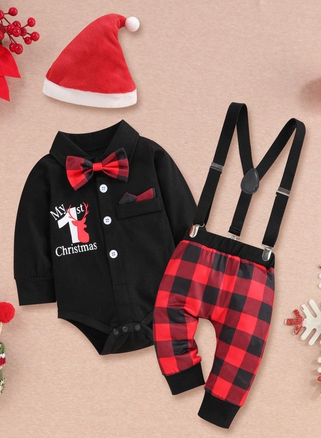 Perdeca My First Christmas Baby Boy Outfit Gentleman Suspenders Romper Santa Print Pants Baby Boy Christmas Outfit and Hat - Image 2