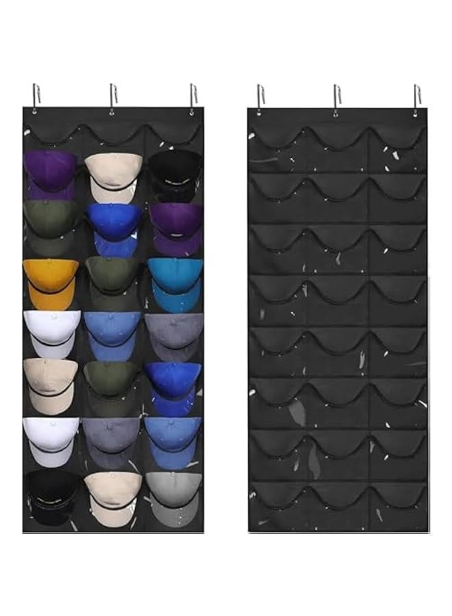 HOOKOR Baseball Hat Rack, 24 Large Pockets Hat Organizer for Baseball Caps, Visible Hat Holder Rack for Wall Door with 3 Hooks, Hat Holder Organizer for Golf Sports Caps Organization, Black - Image 1