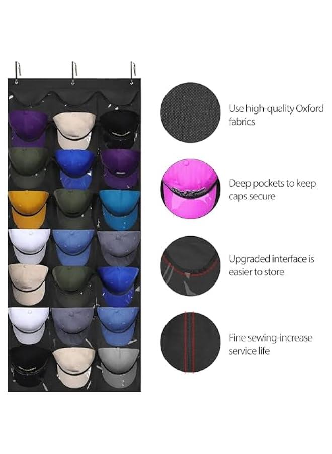 HOOKOR Baseball Hat Rack, 24 Large Pockets Hat Organizer for Baseball Caps, Visible Hat Holder Rack for Wall Door with 3 Hooks, Hat Holder Organizer for Golf Sports Caps Organization, Black - Image 2