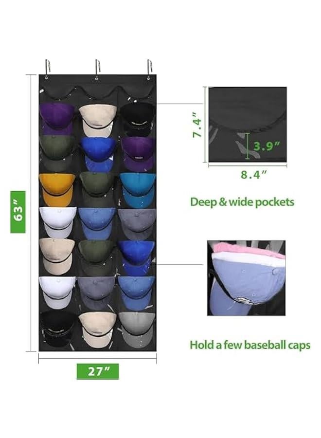 HOOKOR Baseball Hat Rack, 24 Large Pockets Hat Organizer for Baseball Caps, Visible Hat Holder Rack for Wall Door with 3 Hooks, Hat Holder Organizer for Golf Sports Caps Organization, Black - Image 5