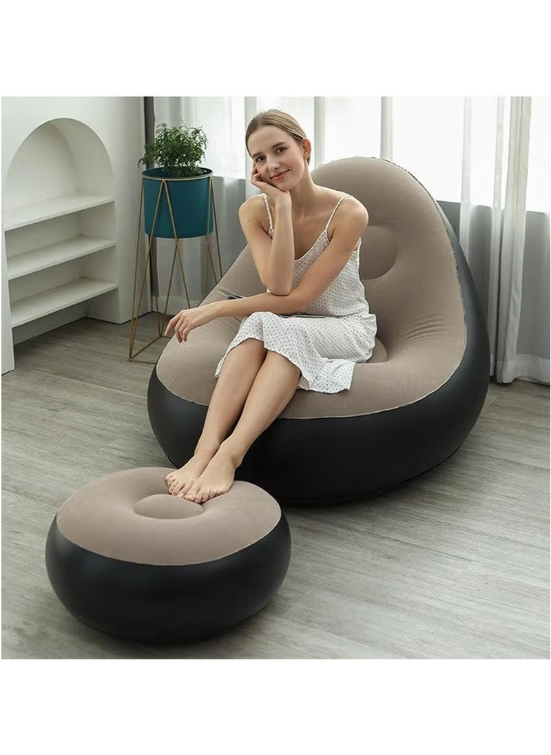 2-in-1 Inflatable Sofa Set with Footrest – Folding Portable Lazy Flocked Recliner Chair for Indoor & Outdoor Use | Comfortable Blow-Up Lounge Couch for Balcony, Backyard, Camping, Travel, Picnic & Small Spaces | Easy to Inflate & Store
