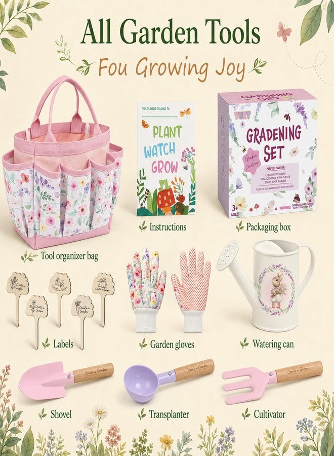 TUZT Kids Gardening Set Toys, 12PCS Garden Tool Kit for Kids and Toddlers with Tote Bag,Watering Can, Gloves, Shovel, Learning Outdoor Toys Gifts for Boys Girls Age 3-6 (Pink) - Image 3
