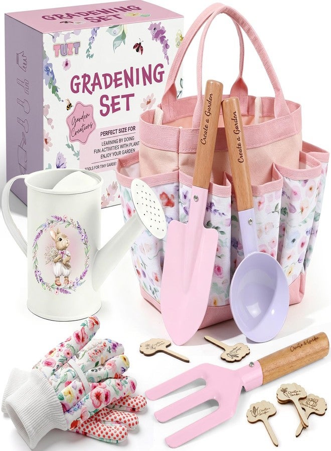 TUZT Kids Gardening Set Toys, 12PCS Garden Tool Kit for Kids and Toddlers with Tote Bag,Watering Can, Gloves, Shovel, Learning Outdoor Toys Gifts for Boys Girls Age 3-6 (Pink) - Image 1