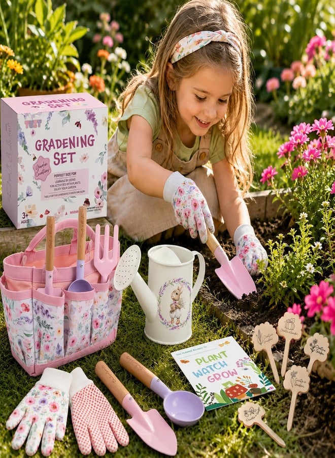 TUZT Kids Gardening Set Toys, 12PCS Garden Tool Kit for Kids and Toddlers with Tote Bag,Watering Can, Gloves, Shovel, Learning Outdoor Toys Gifts for Boys Girls Age 3-6 (Pink) - Image 2