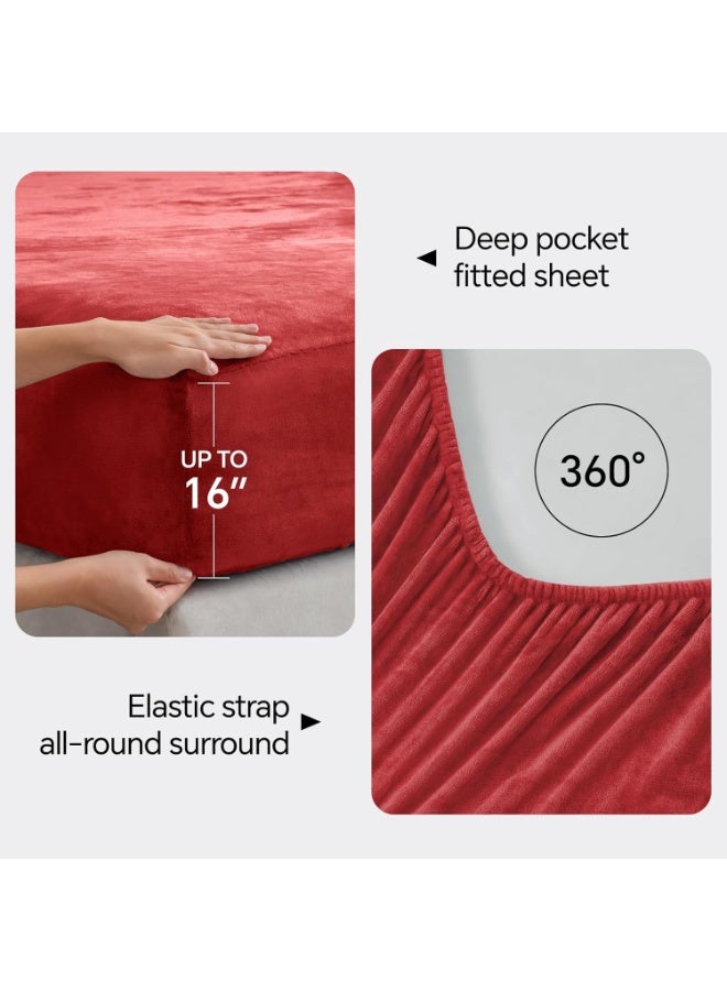 BEDELITE Flannel Sheets Queen Size Red - Super Soft Fleece Sheets Set Fluffy Extra Plush, 4 Piece(Include Fitted Sheet, Flat Sheet, 2 Pillowcases) - Image 2