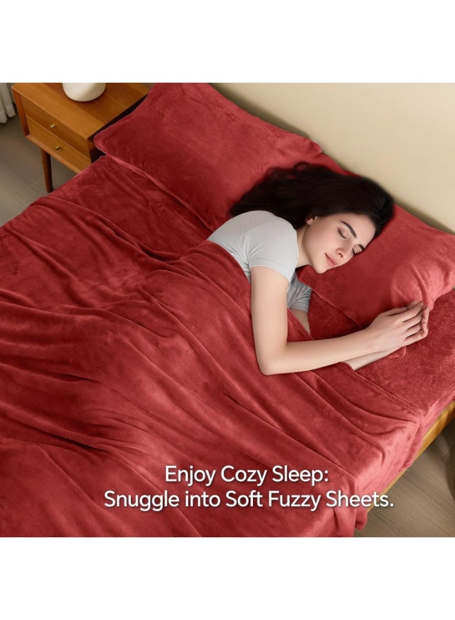 BEDELITE Flannel Sheets Queen Size Red - Super Soft Fleece Sheets Set Fluffy Extra Plush, 4 Piece(Include Fitted Sheet, Flat Sheet, 2 Pillowcases) - Image 3