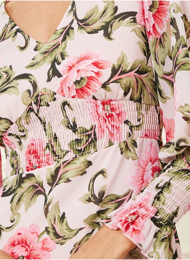 Styli Floral Print Smocked Detail Bodycon Midi Dress  - Image 3