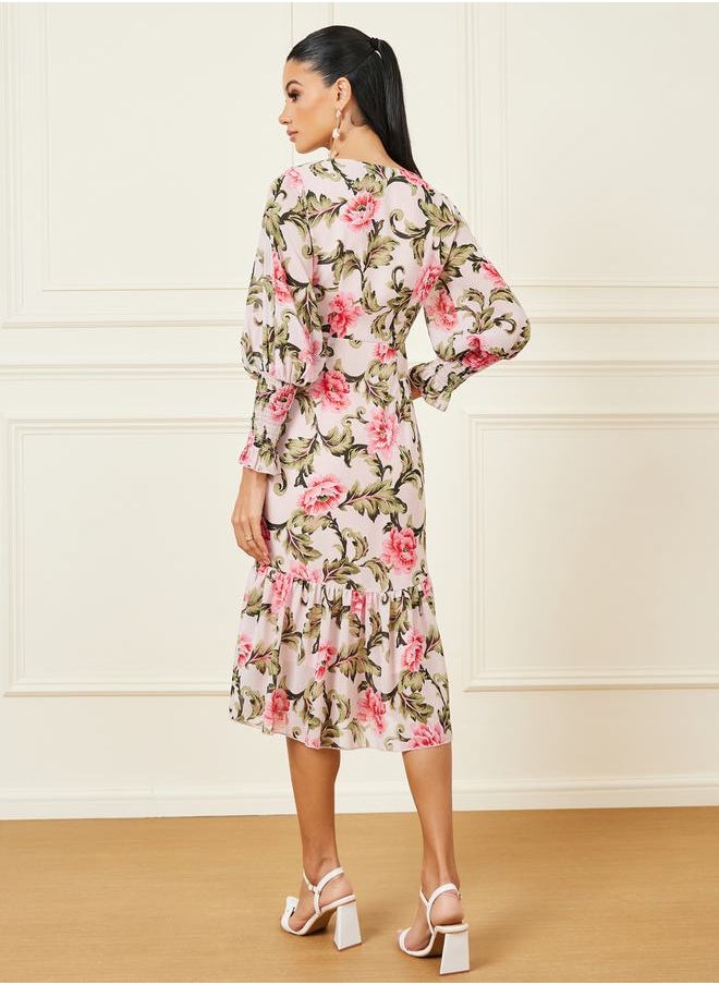 Styli Floral Print Smocked Detail Bodycon Midi Dress  - Image 4