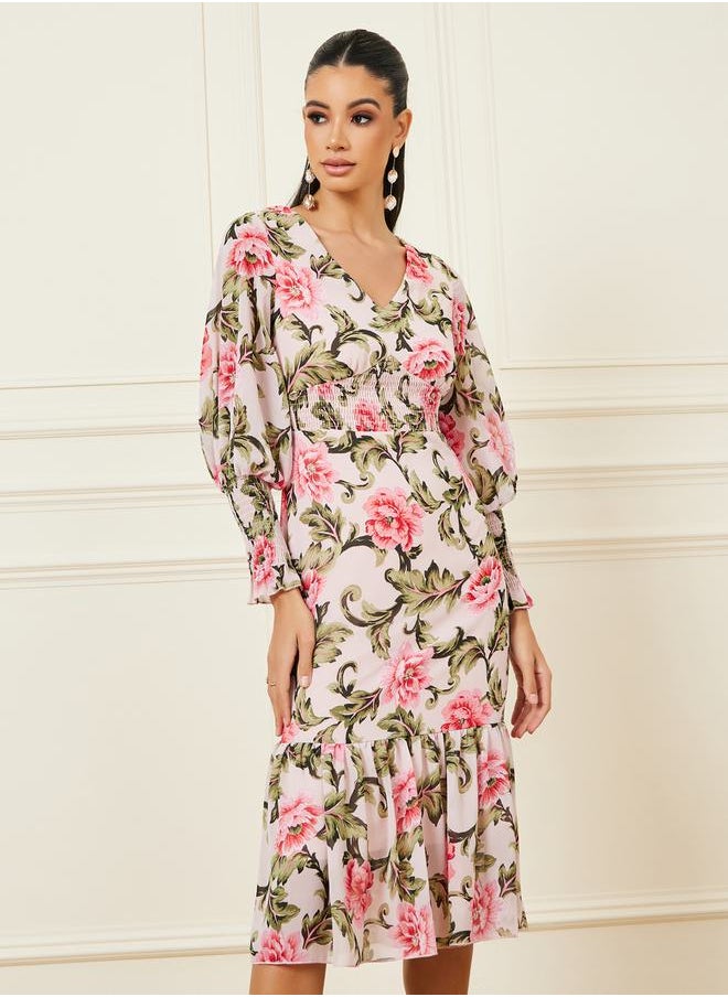 Styli Floral Print Smocked Detail Bodycon Midi Dress  - Image 2
