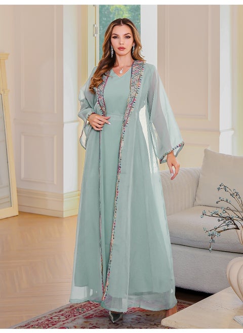 Graceful Light Green Abaya with Colorful Embroidered Trim