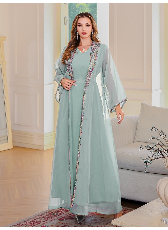Madam Uniq Graceful Light Green Abaya with Colorful Embroidered Trim  - Image 1