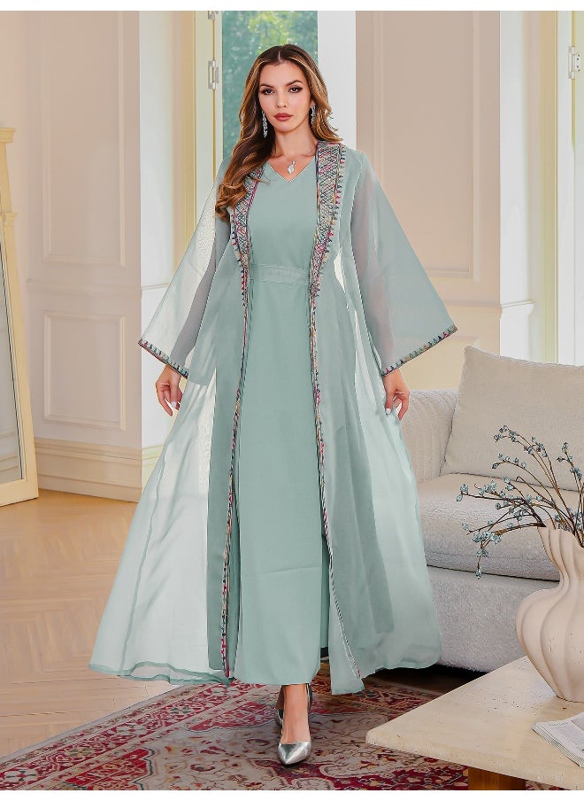 Madam Uniq Graceful Light Green Abaya with Colorful Embroidered Trim  - Image 3