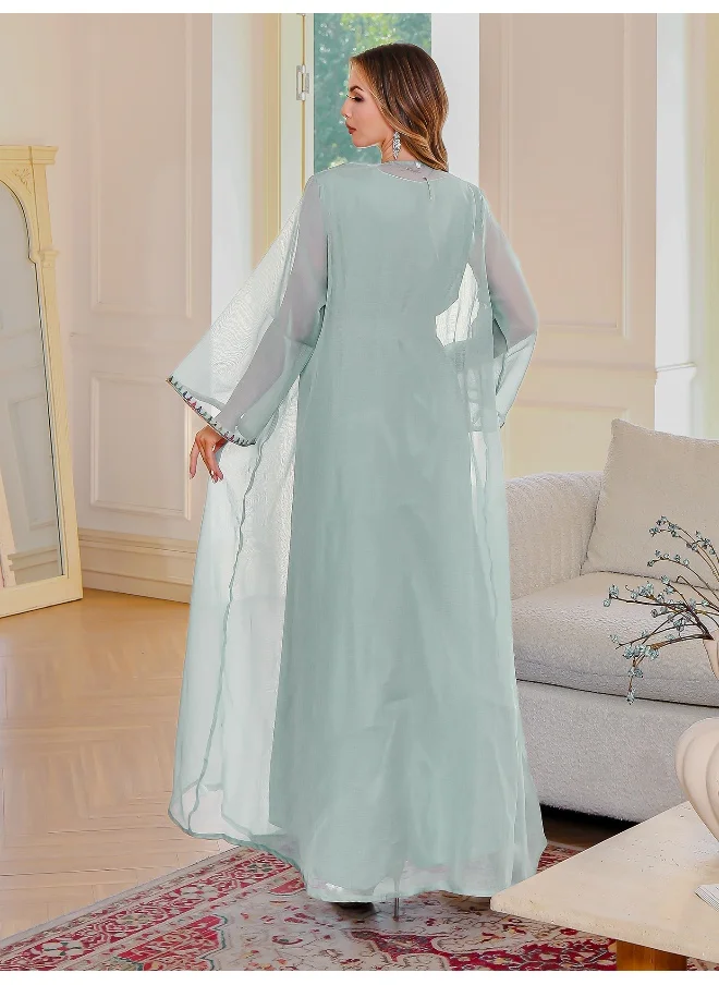 Madam Uniq Graceful Light Green Abaya with Colorful Embroidered Trim