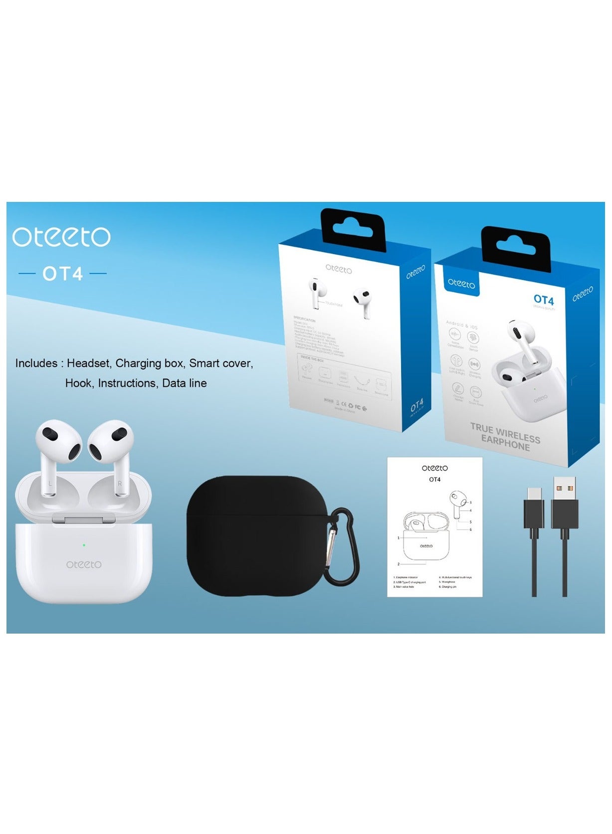 Oteeto OT4 True Wireless Earphone With Hifi Sound Quality and Wireless Charging Compatible With Android Mobile and Tablet