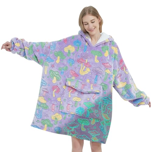 Fiosnow Glow in the Dark Mushroom Blanket Hoodies for Women and Men Adult Oversize Wearable Blanket Hoodies for Soft and Warm - Image 1