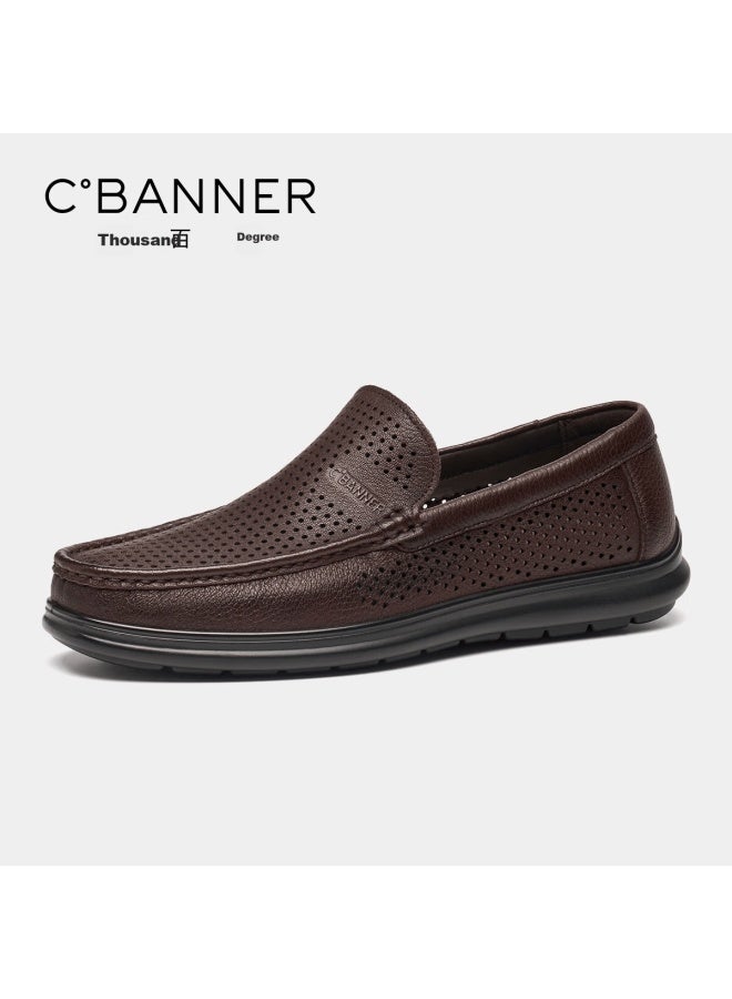 C.banner First Layer Cowhide Summer Perforated Breathable Men's Plain Business Casual Loafers Dark Brown Size 42
