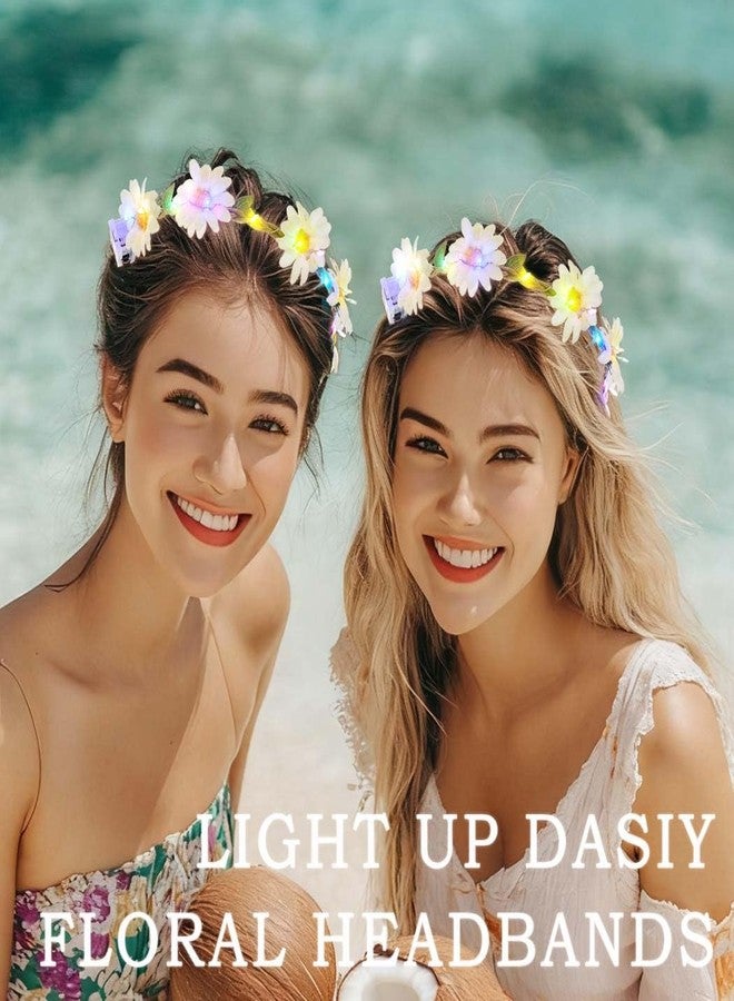 Foyte 4PCS Light Up Sunflower Headbands Daisy Floral Crown Hawaiian Headpieces Fairy Flower Hair Accessories for Summer Party (white,green,pink,blue, a) - Image 3
