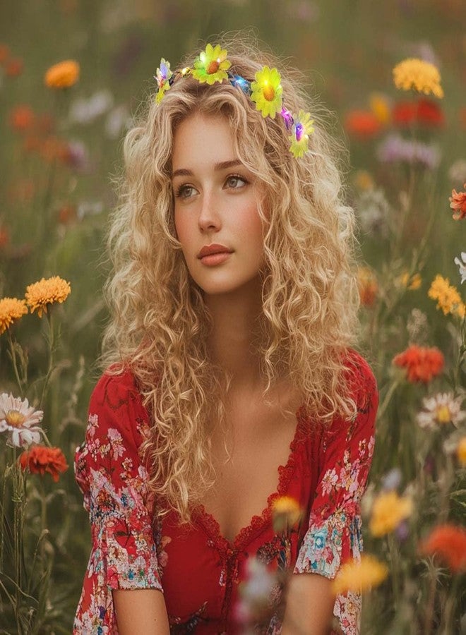 Foyte 4PCS Light Up Sunflower Headbands Daisy Floral Crown Hawaiian Headpieces Fairy Flower Hair Accessories for Summer Party (white,green,pink,blue, a) - Image 5