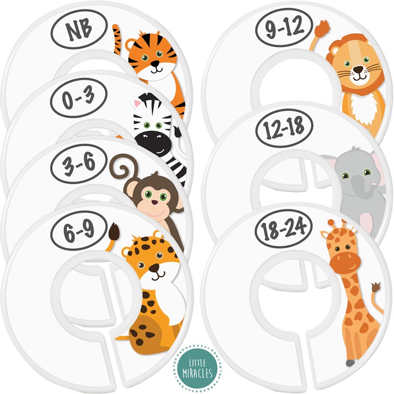 Baby Closet Size Dividers 7X Safari Nursery Closet Dividers for Baby Clothes Elephant Giraffe Zebra Lion Monkey Cheetah Nursery Decor Baby Closet Dividers for Boy or Girl Safari White