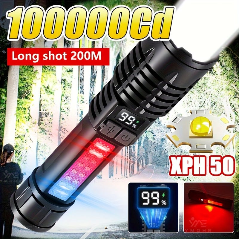 مصباح يدوي Xhp 50 LED قابل للتكبير بالتلسكوب و إعادة الشحن، أسود مع بطارية، 5 أوضاع - Image 1