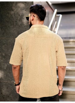 Maniac Mens Solid Textured 3/4th Sleeve Beige Poly Jacquard Fabric Shirt  - Image 3