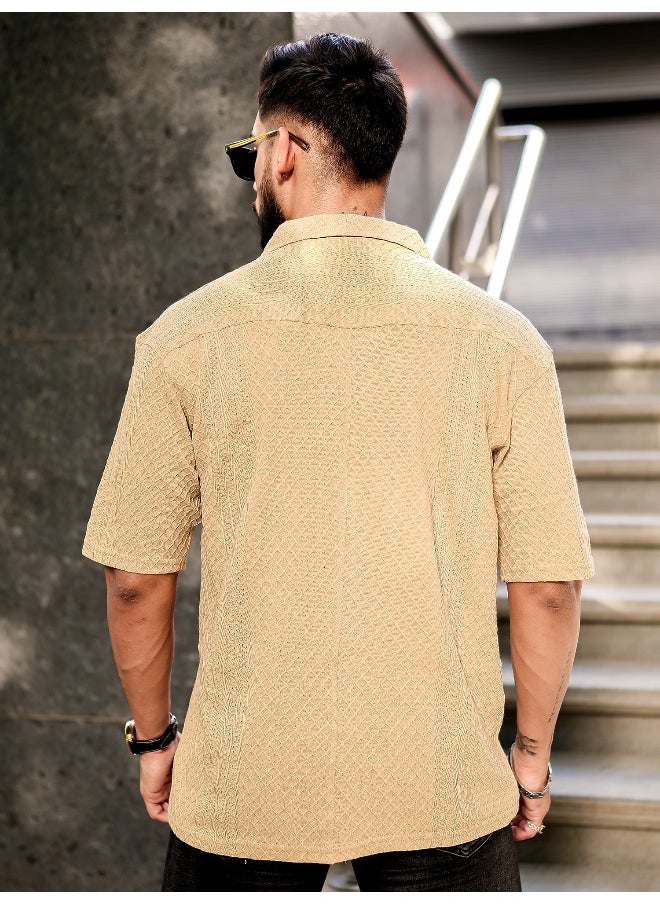 Maniac Mens Solid Textured 3/4th Sleeve Beige Poly Jacquard Fabric Shirt  - Image 3