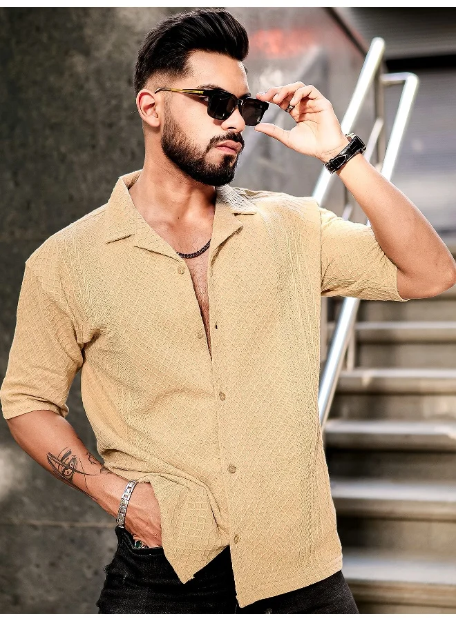 Maniac Mens Solid Textured 3/4th Sleeve Beige Poly Jacquard Fabric Shirt