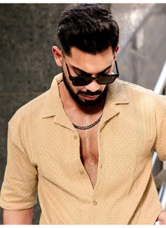 Maniac Mens Solid Textured 3/4th Sleeve Beige Poly Jacquard Fabric Shirt  - Image 1